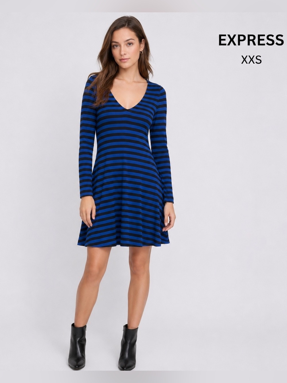 EXPRESS long sleeve blue casual stripped fit & flare dress/size XXS